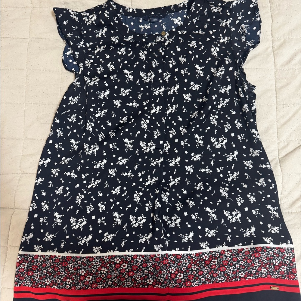 Tommy Hilfiger Navy Floral Blouse XS Red Trim Lightweight Preppy Chic Top